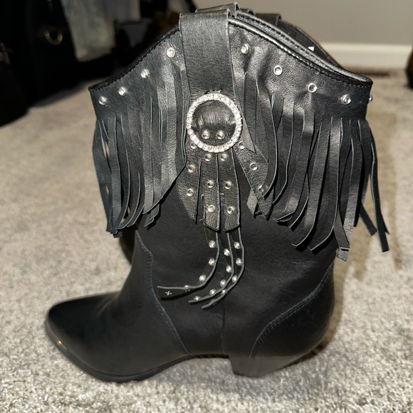 Santa Fe Boot Co Black Rhinestones Fringe Heeled Boots Size 8M - Picture 4 of 10